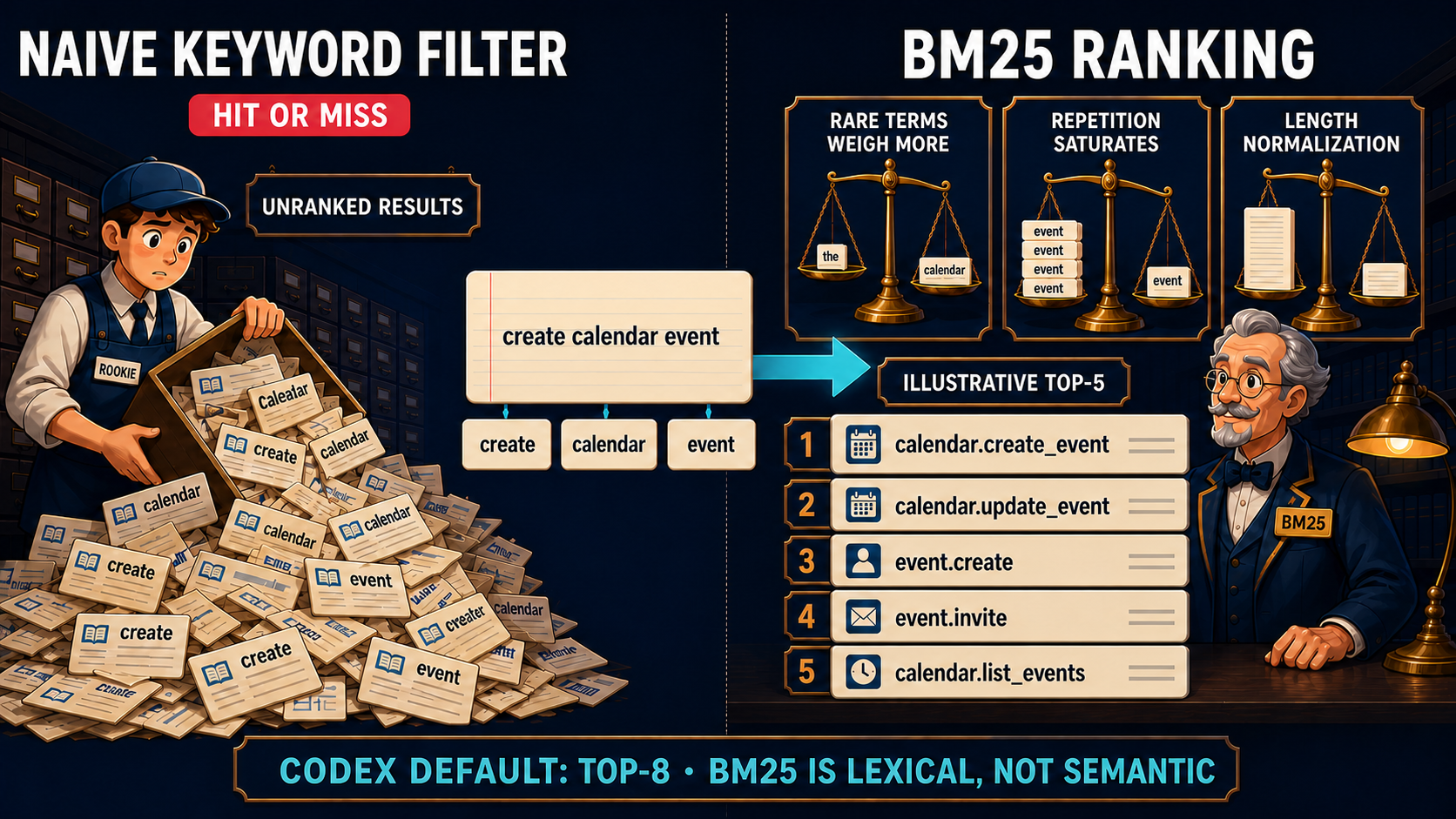 Library-card metaphor comparing boolean keyword matching with BM25 Top-K ranking over tool metadata
