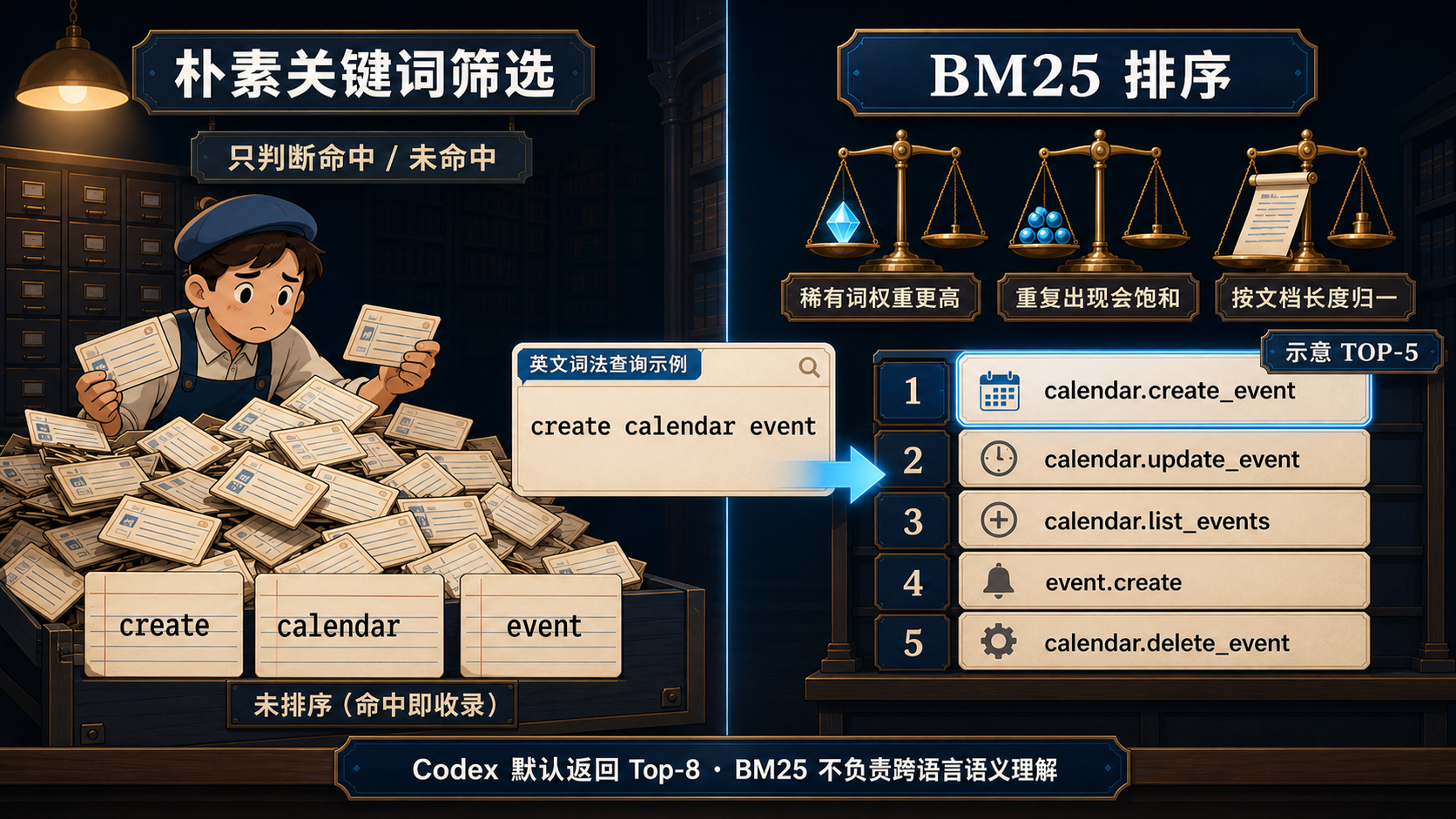用图书馆卡片比喻普通关键词匹配和 BM25 排序